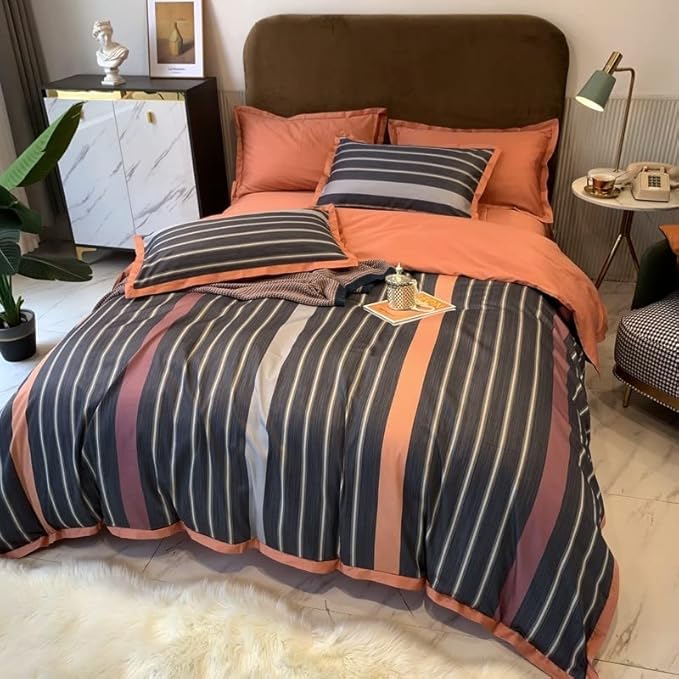 Elegant Bed Linen Made of Egyptian Cotton – Striped and Breathable in Warm Tones for Luxurious Sleep Comfort