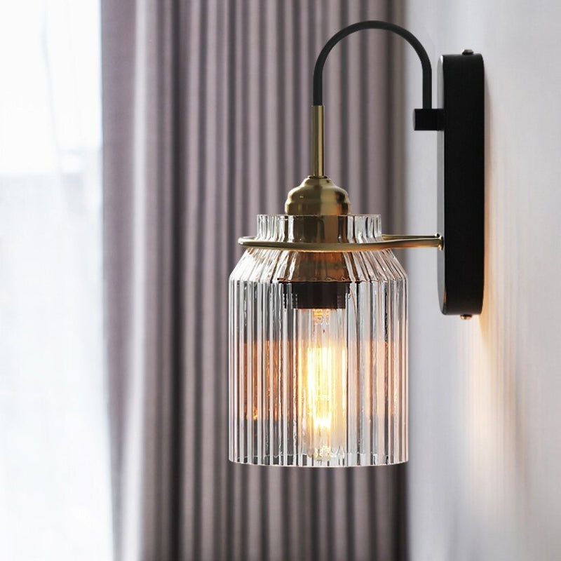 Vintage Wall Lamp with Ribbed Glass Shade, Retro Wall Light for Living Room & Hallway