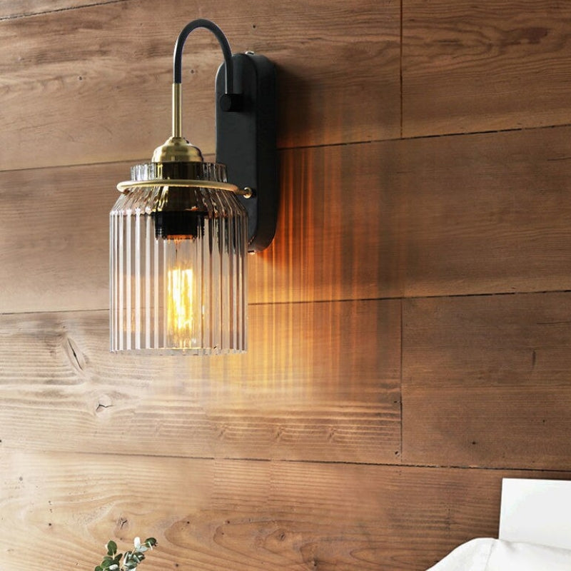 Vintage Wall Lamp with Ribbed Glass Shade, Retro Wall Light for Living Room & Hallway