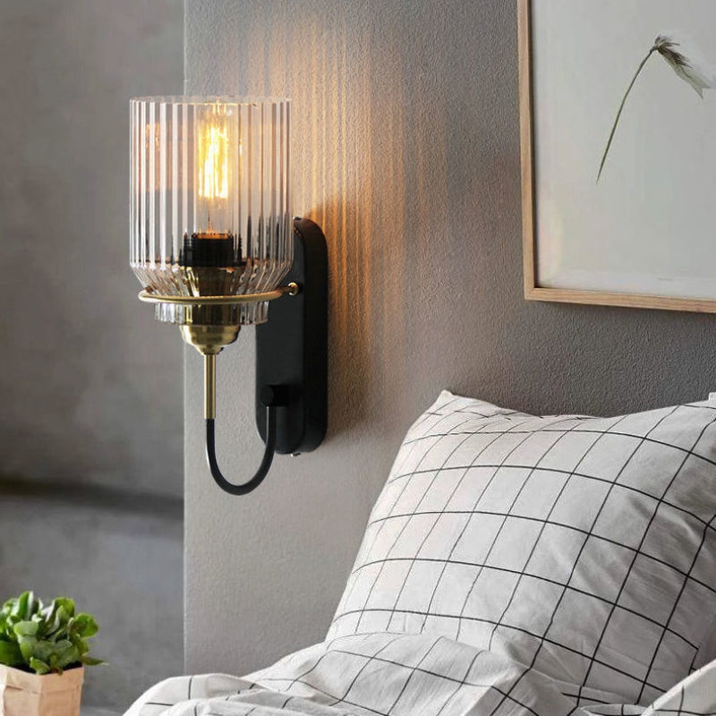 Vintage Wall Lamp with Ribbed Glass Shade, Retro Wall Light for Living Room & Hallway