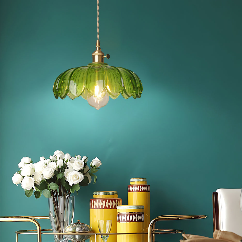 Vintage Hanging Lamp Made of Glass and Brass – Flower-Shaped Pendant Light for Dining Room and Living Room