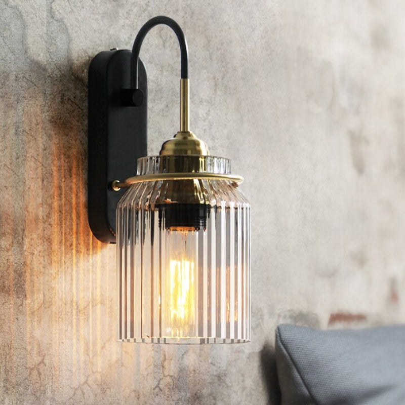 Vintage Wall Lamp with Ribbed Glass Shade, Retro Wall Light for Living Room & Hallway