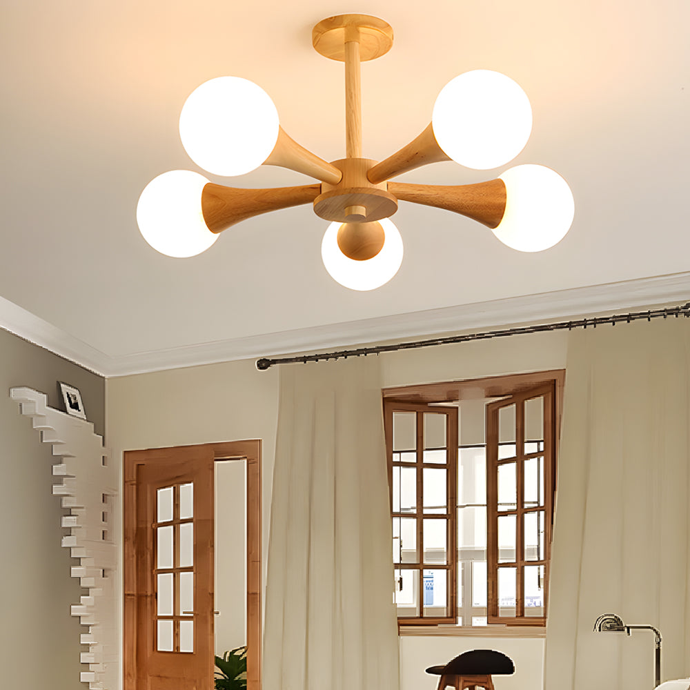 Scandinavian Wooden Chandelier with Glass Lampshades – Modern Ceiling Light for Living Room and Dining Room