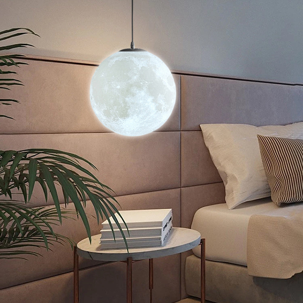 3D Round Moon Pendant Light - White Ceiling Light with Moon Design for Bedroom & Living Room