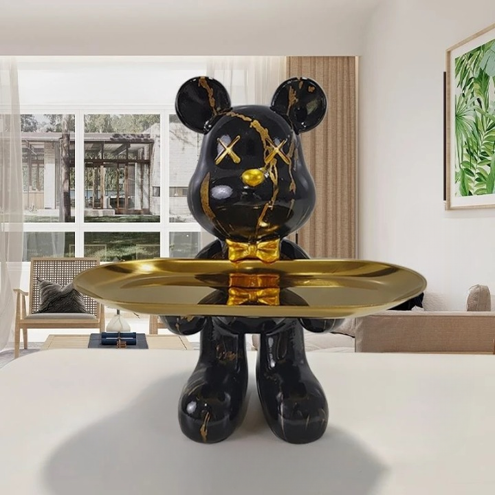 Bear Figurine with Tray, Modern Decorative Figure for Living Room and Hallway