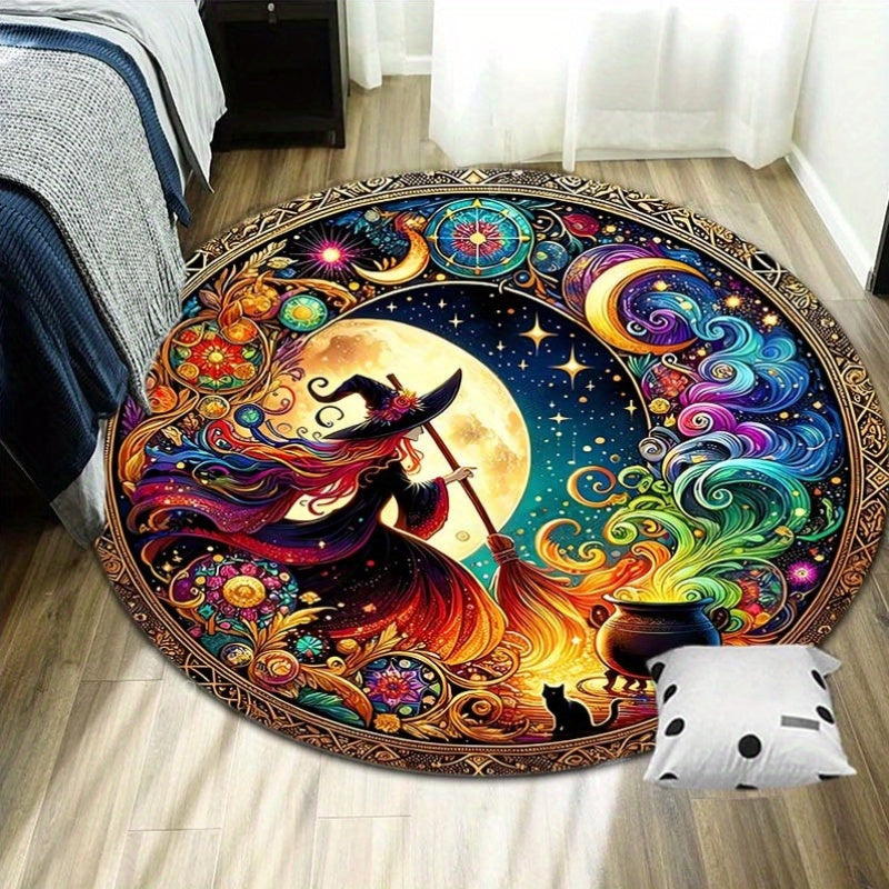 Round Carpet with Witch Motifs – Mystical Velvet Carpet for Living Room and Decor