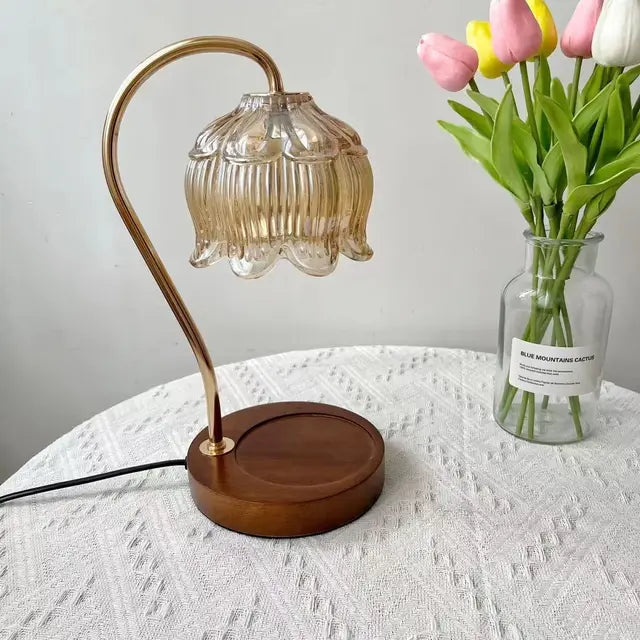 Vintage American Design Table Lamp with Glass Shade – Retro Nightstand Lamp, Wooden Base