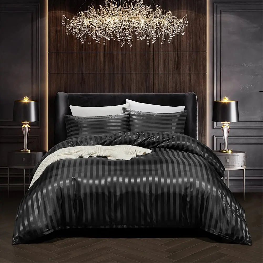 Luxurious Black Satin Bedding Set – Duvet Cover and Pillowcases, Soft and Breathable for Elegant Bedroom Decor