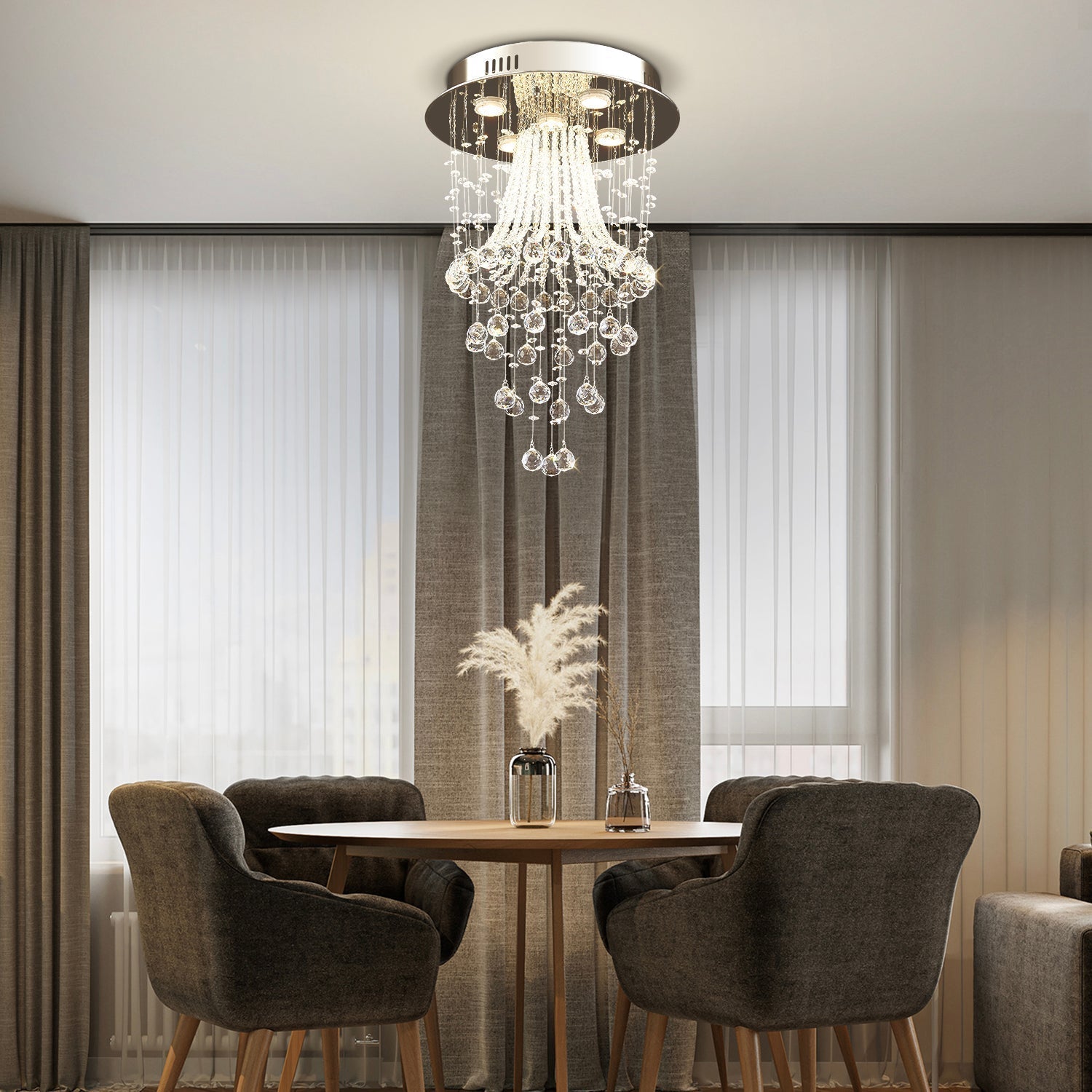 Round Crystal Ceiling Light - Modern Jellyfish Ceiling Light in Flush Mount Design, Luxury Crystal Lamp for Living Room & Hallway Lighting