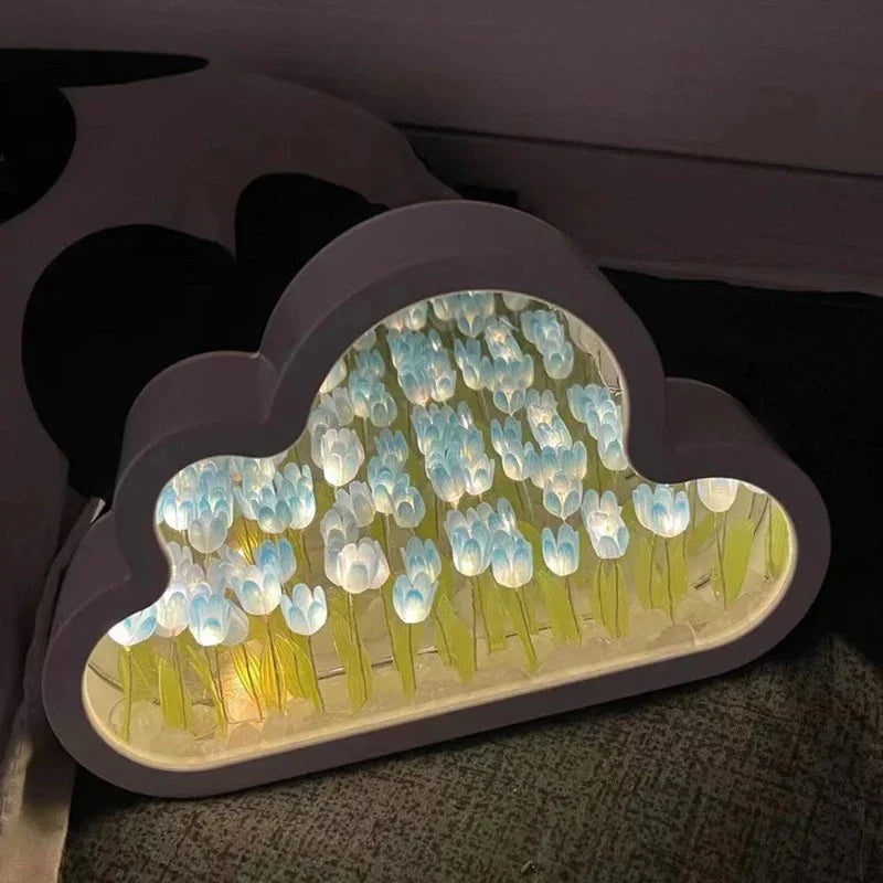 Cloud-Shaped LED Night Light with Tulips – Decorative Lighting for Children's Rooms