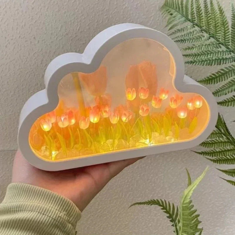 Cloud-Shaped LED Night Light with Tulips – Decorative Lighting for Children's Rooms