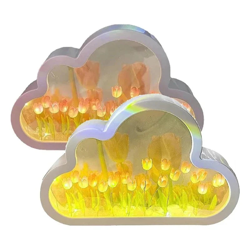 Cloud-Shaped LED Night Light with Tulips – Decorative Lighting for Children's Rooms