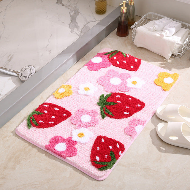 Cute Strawberry Motif Bath Mat – Non-Slip and Washable, Decorative Rug for Bathroom and Children's Room