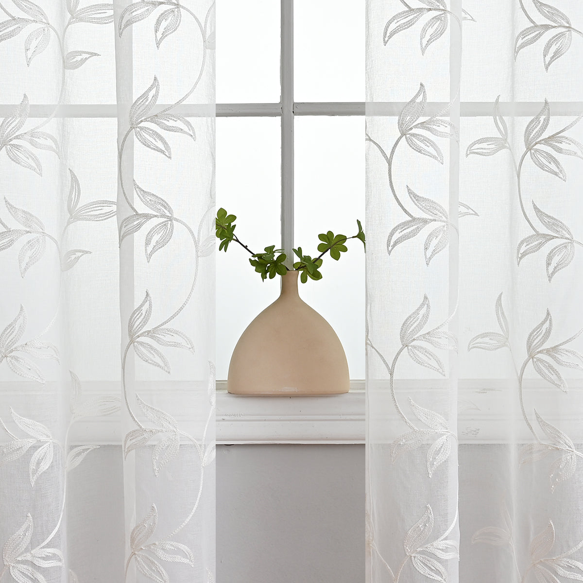 Transparent Polyester Curtains with Floral and Leaf Pattern in White and Gray – Lightweight Drapes for Living Room