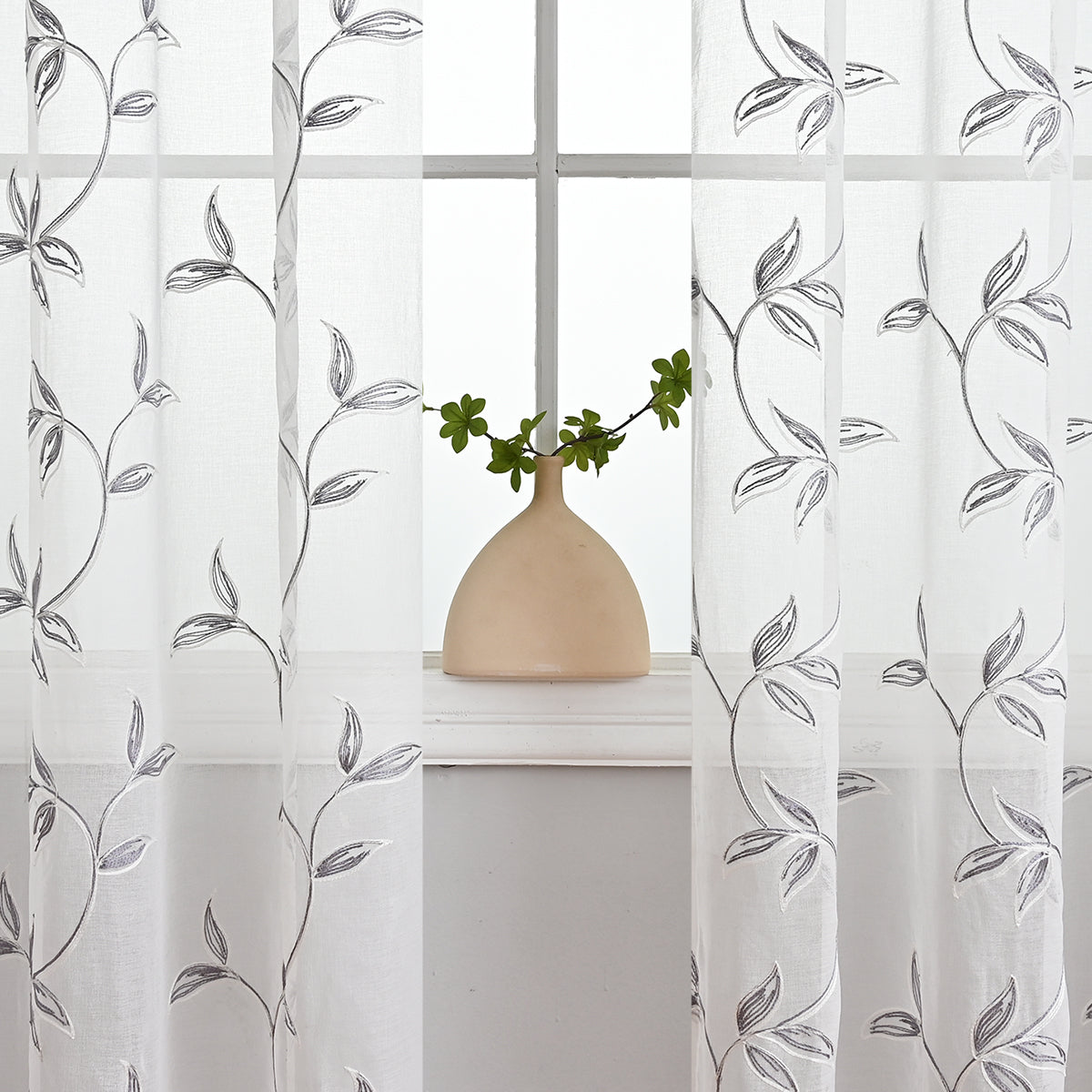 Transparent Polyester Curtains with Floral and Leaf Pattern in White and Gray – Lightweight Drapes for Living Room