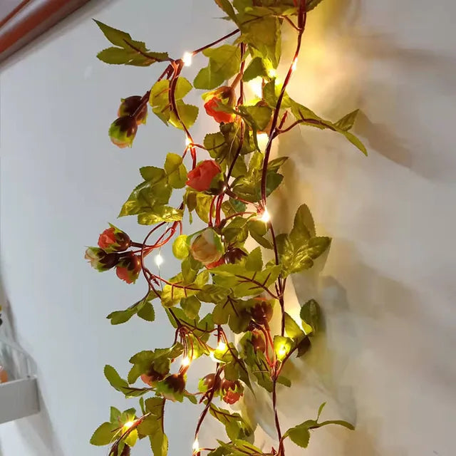 Solar-Powered LED String Lights with Maple Garland – Weatherproof, Decorative & Energy-Saving for Garden and Balcony