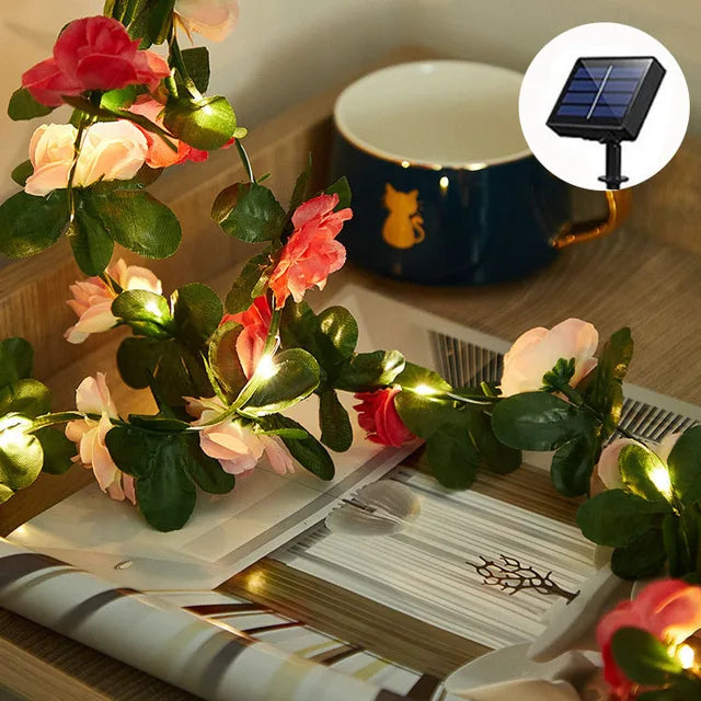 Solar-Powered LED String Lights with Maple Garland – Weatherproof, Decorative & Energy-Saving for Garden and Balcony