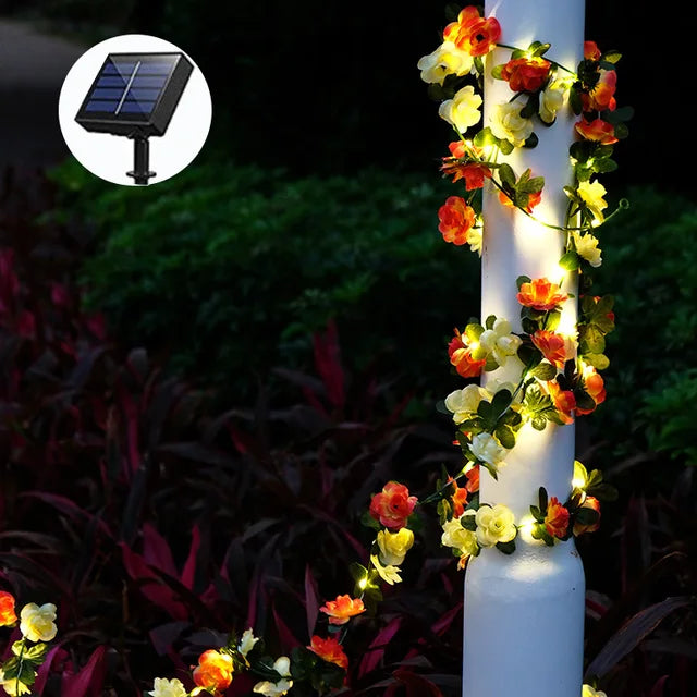 Solar-Powered LED String Lights with Maple Garland – Weatherproof, Decorative & Energy-Saving for Garden and Balcony