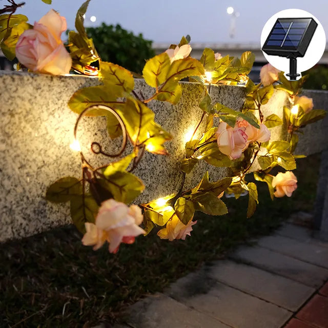 Solar-Powered LED String Lights with Maple Garland – Weatherproof, Decorative & Energy-Saving for Garden and Balcony