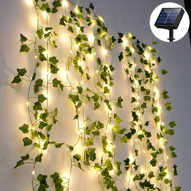 Solar-Powered LED String Lights with Maple Garland – Weatherproof, Decorative & Energy-Saving for Garden and Balcony