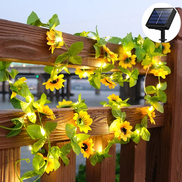 Solar-Powered LED String Lights with Maple Garland – Weatherproof, Decorative & Energy-Saving for Garden and Balcony