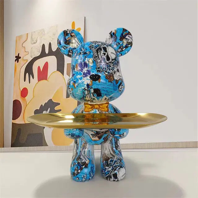 Graffiti Bear Statue with Tray – Modern Art Decor for Home