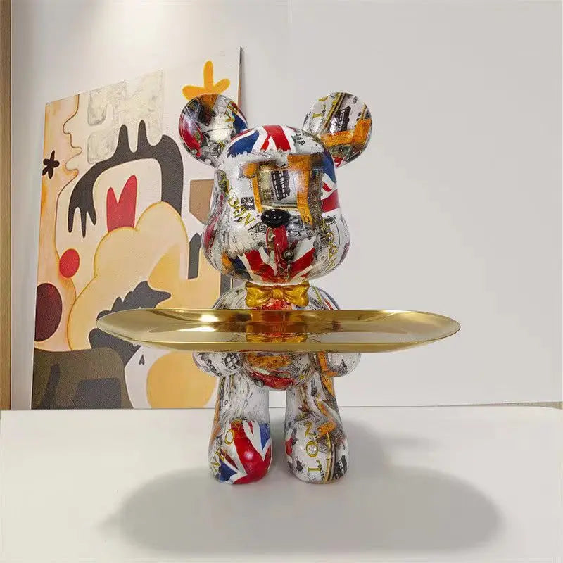 Graffiti Bear Statue with Tray – Modern Art Decor for Home