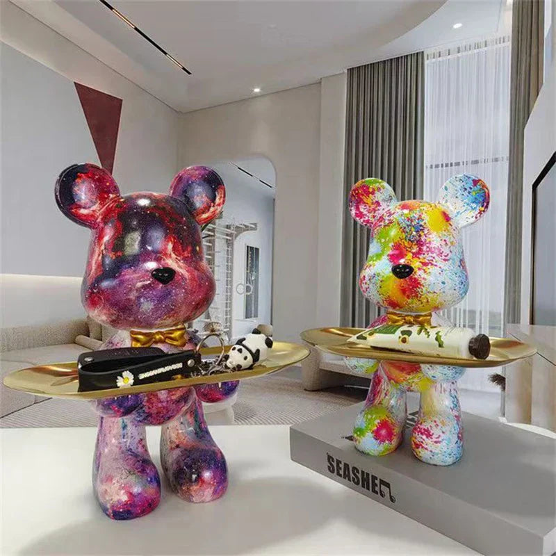 Graffiti Bear Statue with Tray – Modern Art Decor for Home