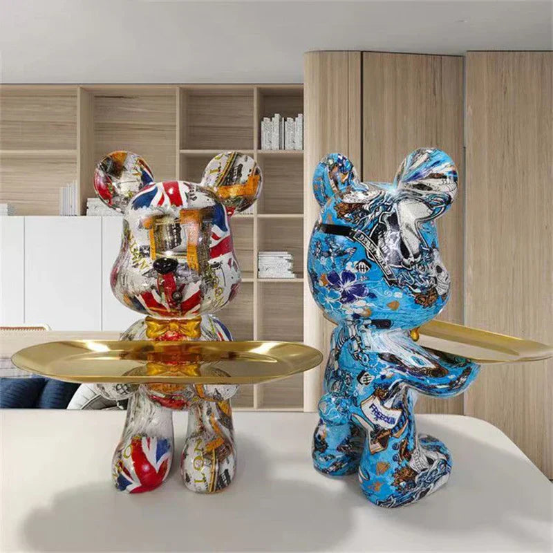 Graffiti Bear Statue with Tray – Modern Art Decor for Home