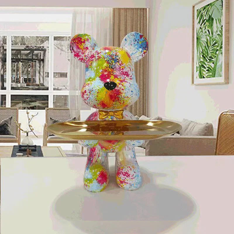 Graffiti Bear Statue with Tray – Modern Art Decor for Home