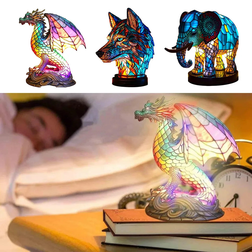 Colourful Animal Head Night Light – Handmade Tiffany Glass Lamp for Atmospheric Lighting