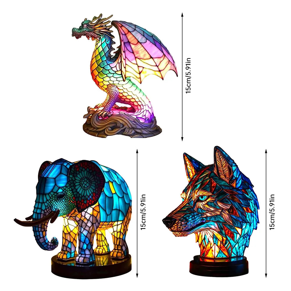 Colourful Animal Head Night Light – Handmade Tiffany Glass Lamp for Atmospheric Lighting