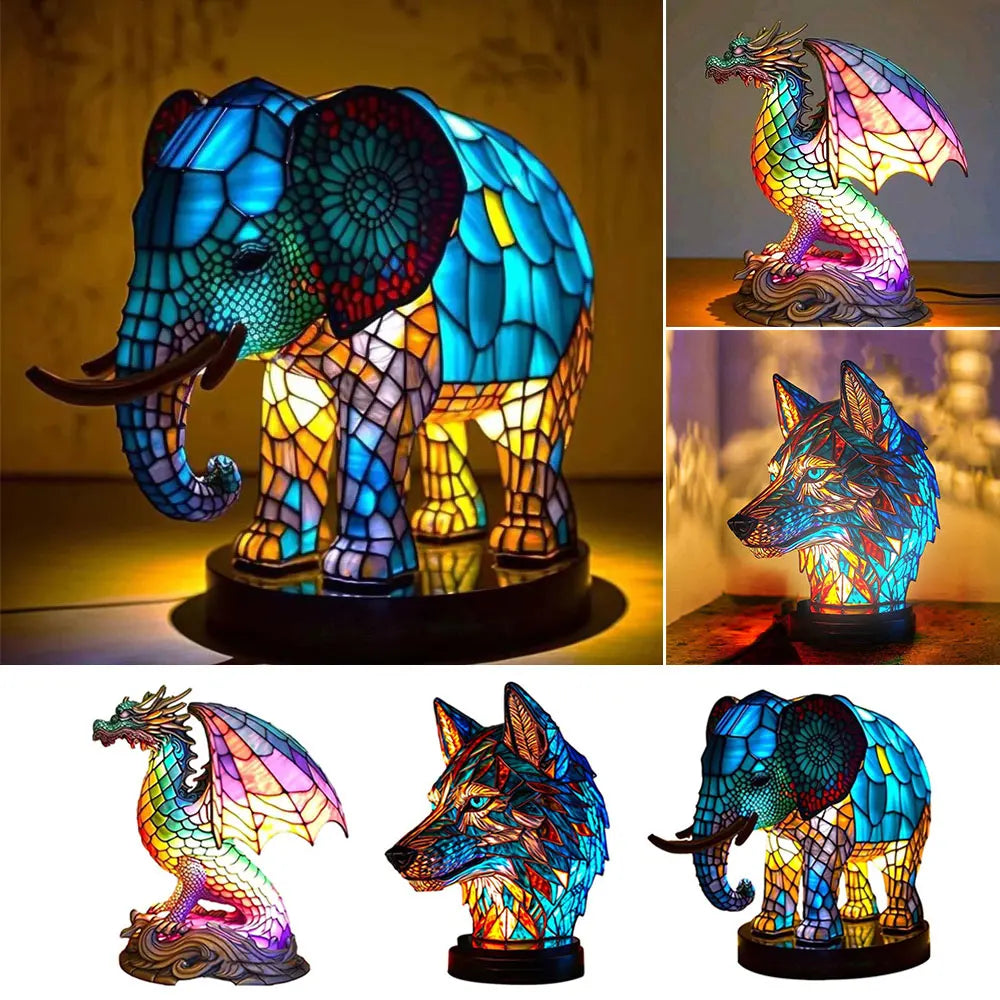 Colourful Animal Head Night Light – Handmade Tiffany Glass Lamp for Atmospheric Lighting