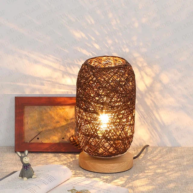 Wooden Table Lamp with Rope Design – Handmade LED Decorative Lamp for Bedroom & Living Room, Natural Materials