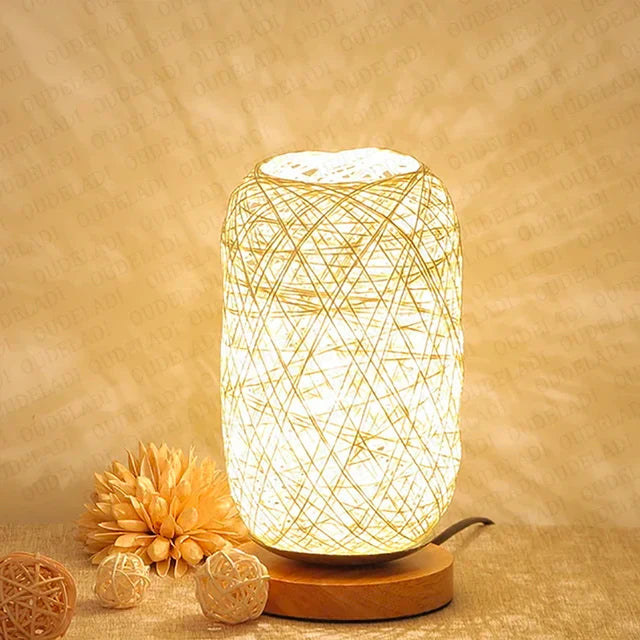 Wooden Table Lamp with Rope Design – Handmade LED Decorative Lamp for Bedroom & Living Room, Natural Materials