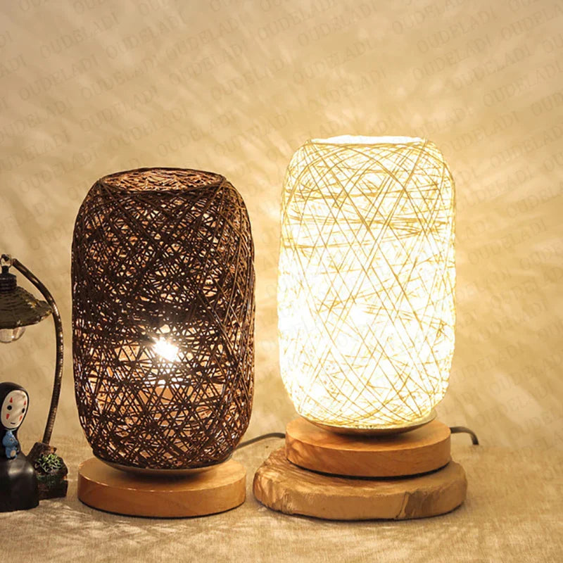 Wooden Table Lamp with Rope Design – Handmade LED Decorative Lamp for Bedroom & Living Room, Natural Materials