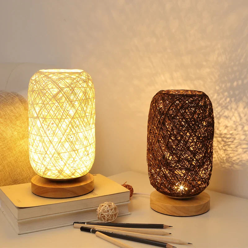 Wooden Table Lamp with Rope Design – Handmade LED Decorative Lamp for Bedroom & Living Room, Natural Materials