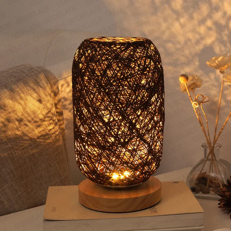 Wooden Table Lamp with Rope Design – Handmade LED Decorative Lamp for Bedroom & Living Room, Natural Materials