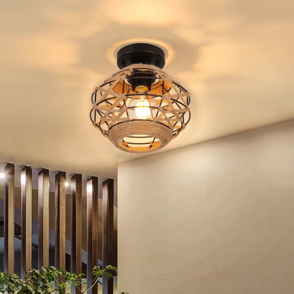 Rattan Ceiling Light in Rustic Style – Vintage Pendant Lamp Made from Natural Materials, LED Compatible