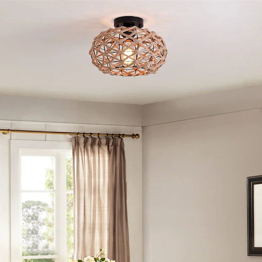 Rattan Ceiling Light in Rustic Style – Vintage Pendant Lamp Made from Natural Materials, LED Compatible