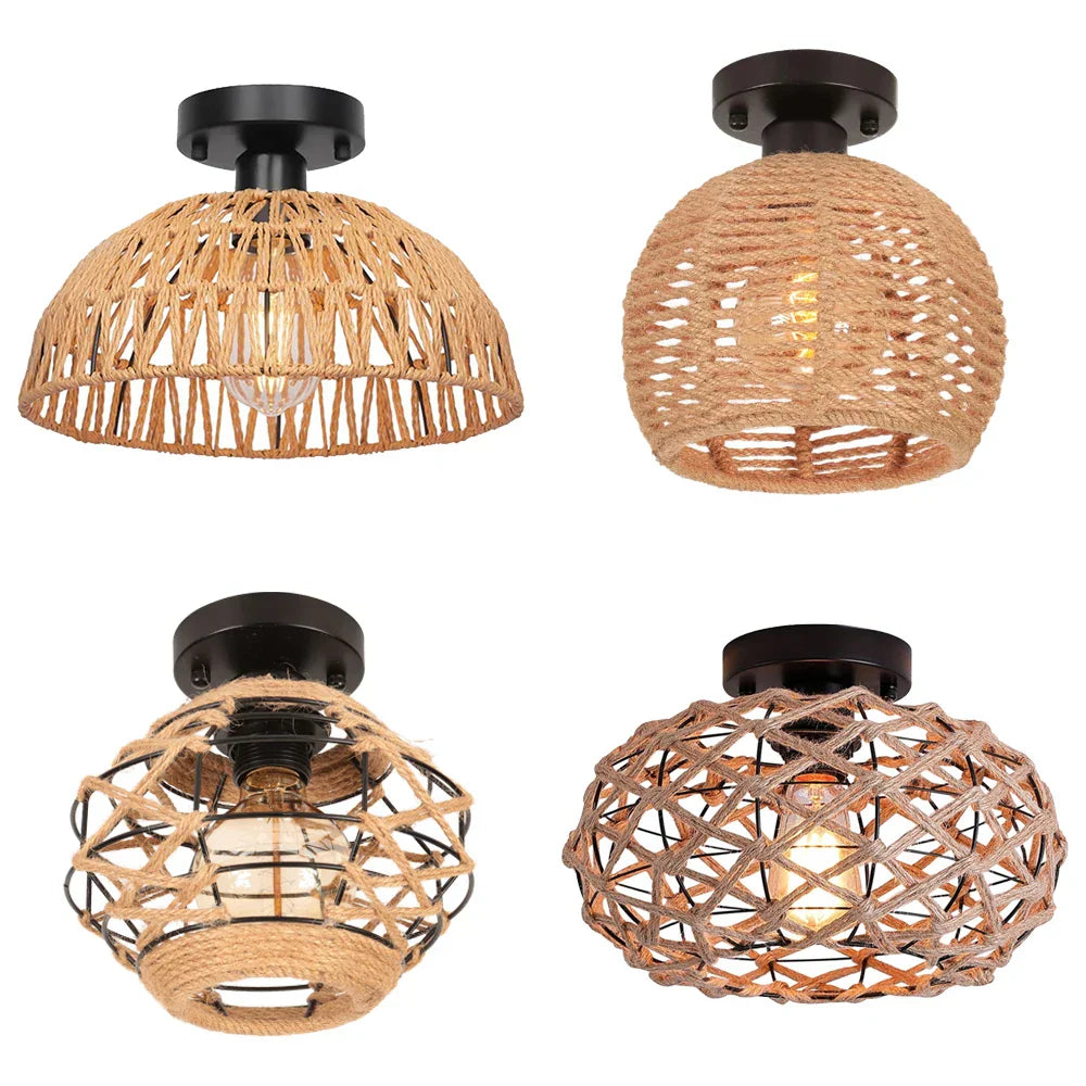 Rattan Ceiling Light in Rustic Style – Vintage Pendant Lamp Made from Natural Materials, LED Compatible