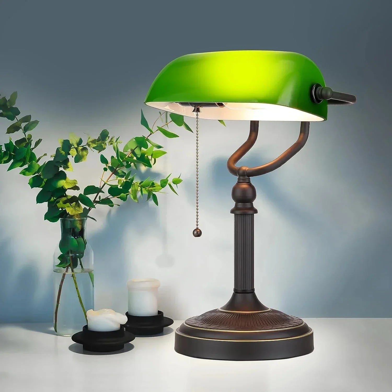 Classic Banker Lamp with Green Glass – Retro Table Lamp in Vintage Style for Office and Living Room