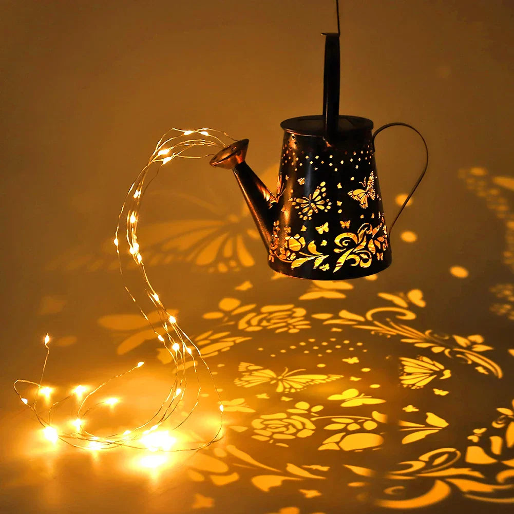 Solar Watering Can Lantern with Fairy Lights and Projection Design – Garden Lighting for Outdoors