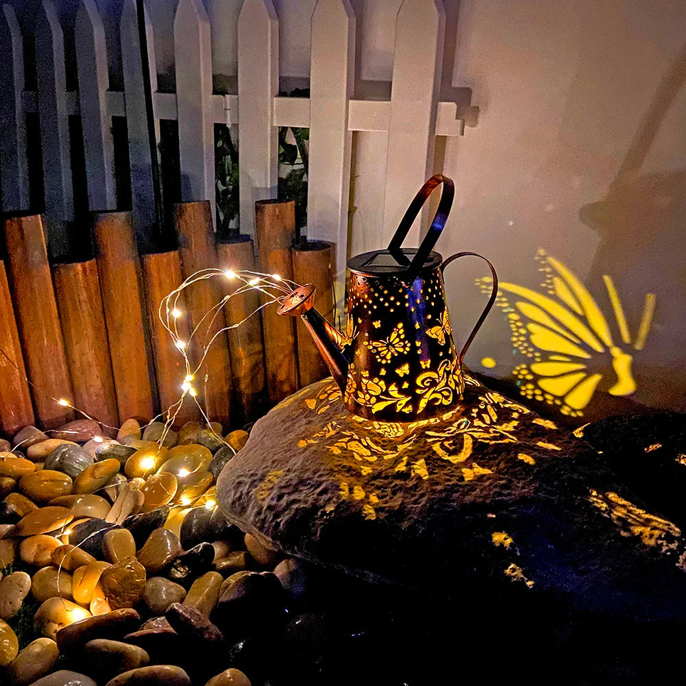 Solar Watering Can Lantern with Fairy Lights and Projection Design – Garden Lighting for Outdoors