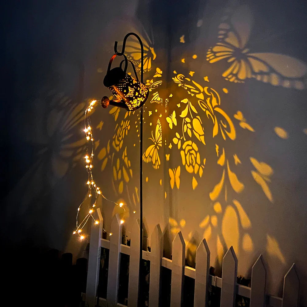 Solar Watering Can Lantern with Fairy Lights and Projection Design – Garden Lighting for Outdoors