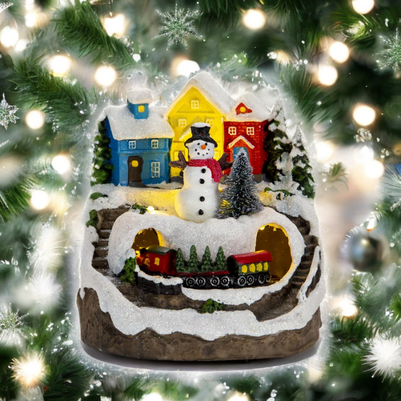 Musical Christmas Village with Snowman and Train – Illuminated Decoration for the Christmas Season