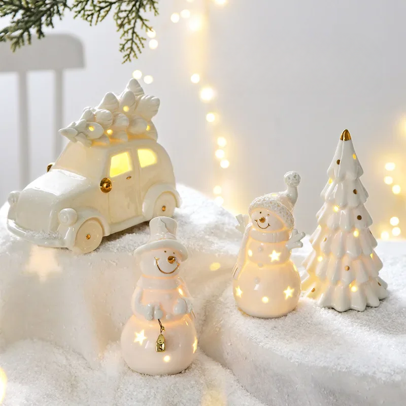 Ceramic Snowman Figurine with LED Lighting – Elegant Christmas Decoration for Windowsill, Living Room, and Festive Decor