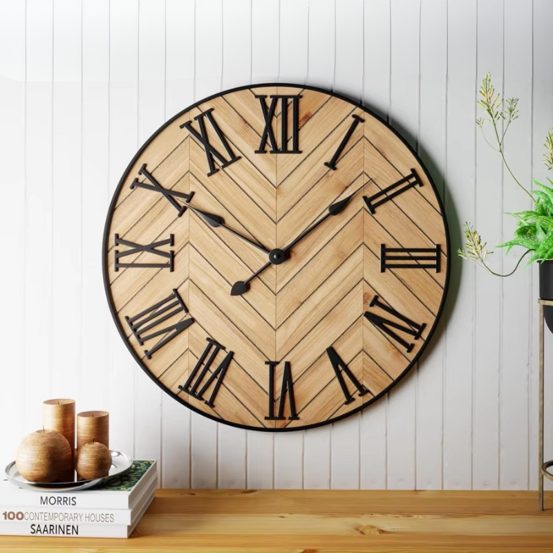 Rustic Wall Clock with Large Roman Numerals – Decorative Wooden Wall Clock for Living Room