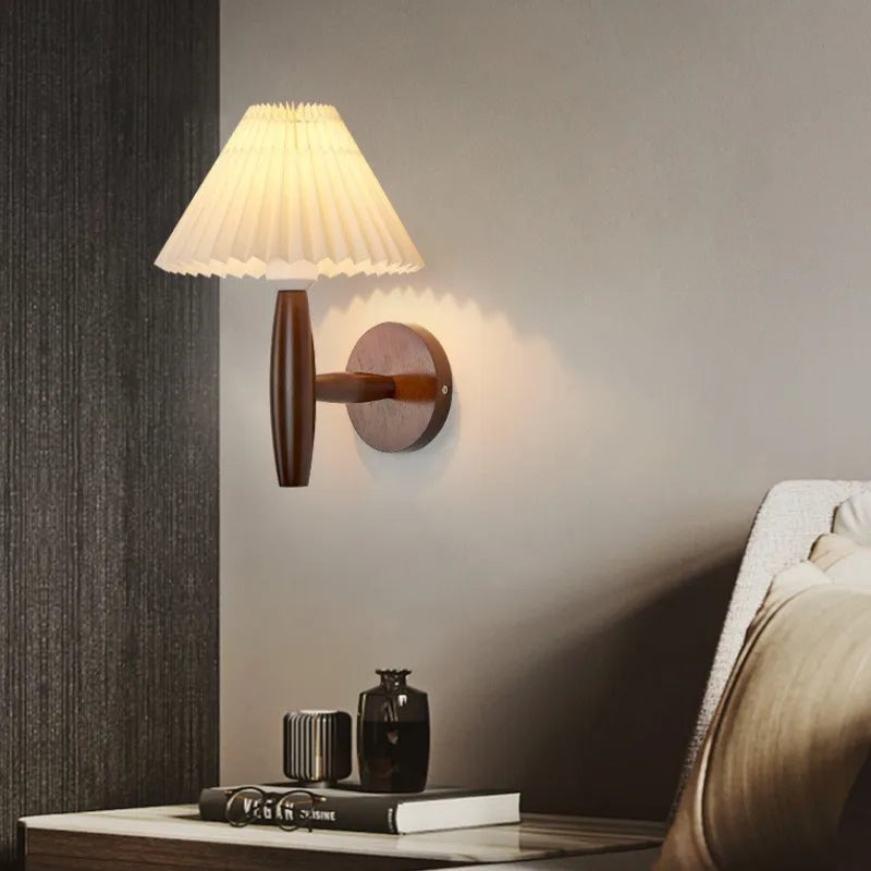Modern Wooden Wall Lamp with Fabric Shade – Stylish Wall Light for Bedroom & Living Room