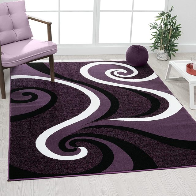 Modern Carpet with Swirl Pattern – Stylish Living Room Carpet in Purple, Non-Slip and Easy to Care For